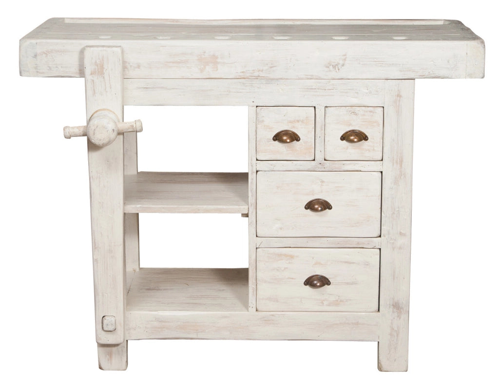Biscottini Banco da lavoro Country in legno massello di tiglio finitura bianca anticata L116xPR63xH90 cm. Made in Italy