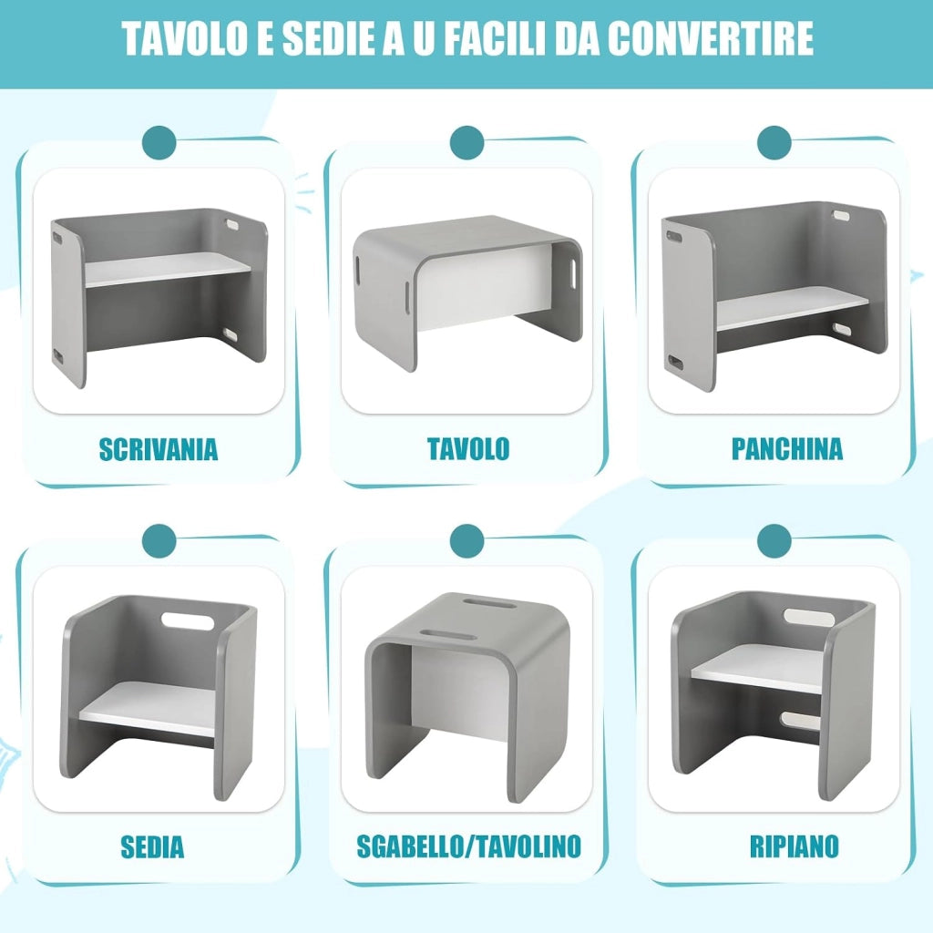 Set Tavolo e 2 Sedie per Bambini 2-9 Anni, Set Multiuso in Legno di Faggio con Maniglie Ergonomiche, Design Salvaspazio, Senza Montaggio, Portata 100 kg (Grigio)