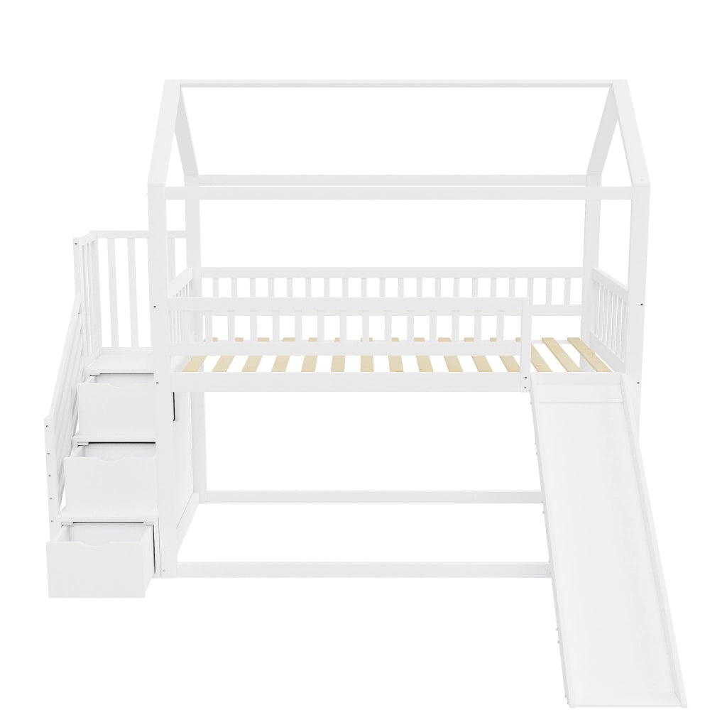 OKWISH Letto a Soppalco 90×200 cm, Letto Singolo con Scivolo, Scala Contenitore e Sponde Alte, senza Materasso, Bianco
