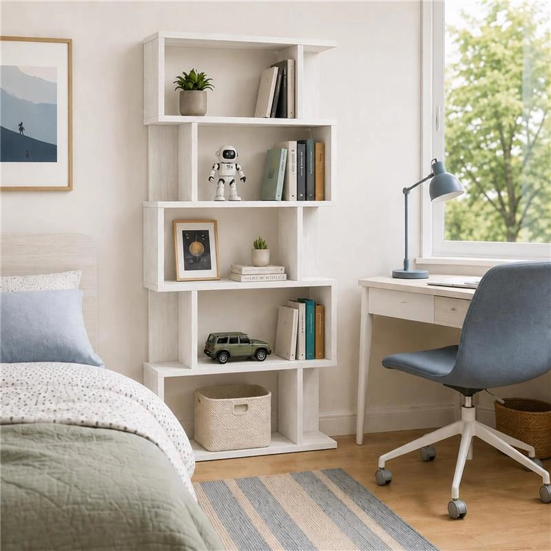 LIBRERIA CUBICA IN LEGNO BIANCO MODERNA CON CINQUE RIPIANI SFALSATI DIMENSIONI 70X24X159 CM
