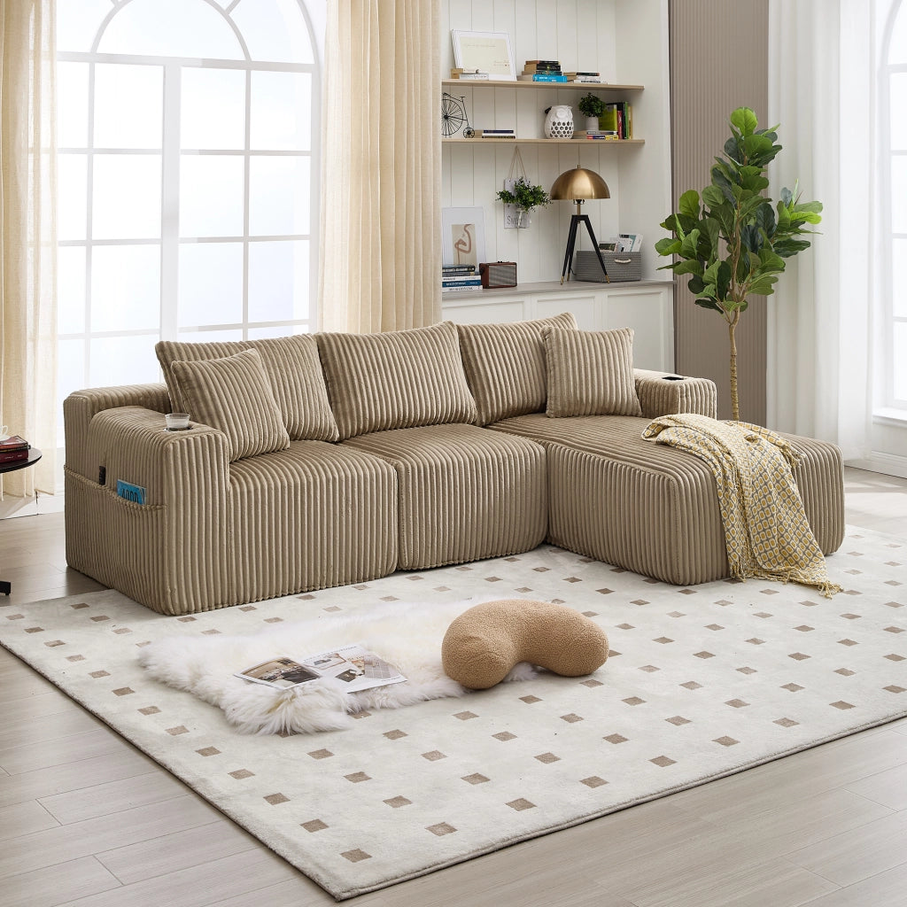 Divano modulare con chaise longue e 2 posti; 5 cuscini; tessuto in corduroy; cachi