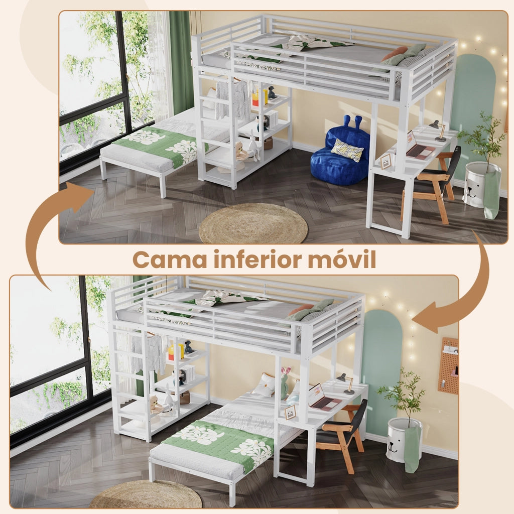Letto a soppalco 90 × 200 cm con scrivania, 4 ripiani, armadio aperto e presa USB e tipo C, senza materasso, bianco