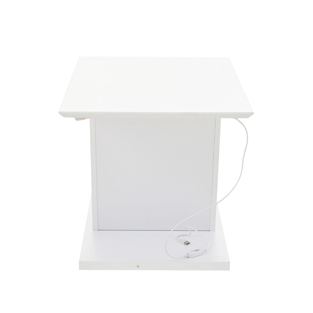 Tavolino da salotto bianco con LED, piano lucido e design a V