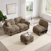 Divano angolare a 3 posti in ciniglia con cuscini trapuntati e pouf mobile marrone 260 × 149 × 90 cm