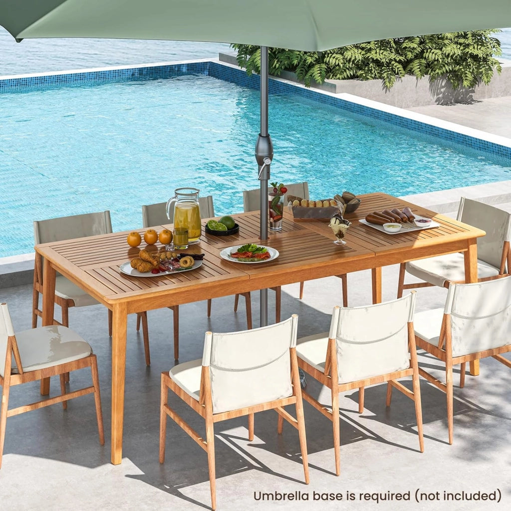 Tavolo da Giardino con Foro per Ombrellone da 5 cm, Tavolo da Pranzo in Legno di Acacia, Tavolo Rettangolare per 8 Persone, per Esterno, Balcone, Cortile, Veranda (Modello III)