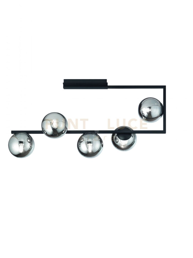 PLAFONIERA MONILE NERO 5 LUCI ATTACCO E14 CON SFERE FUME'  L.85CM