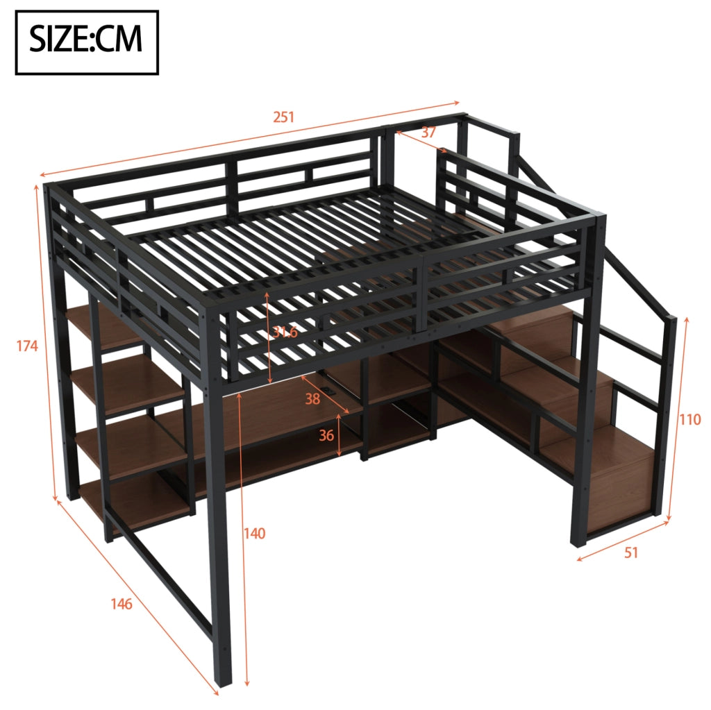 Letto a soppalco 140x200 cm con supporto TV; presa elettrica e scala portaoggetti; nero