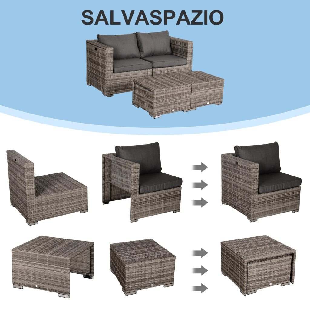 EasyComfort Salotto da Esterno in Rattan PE da 8 Pezzi, Set Mobili da Giardino Salvaspazio con Poltrone, Tavolini e Sgabelli, Grigio