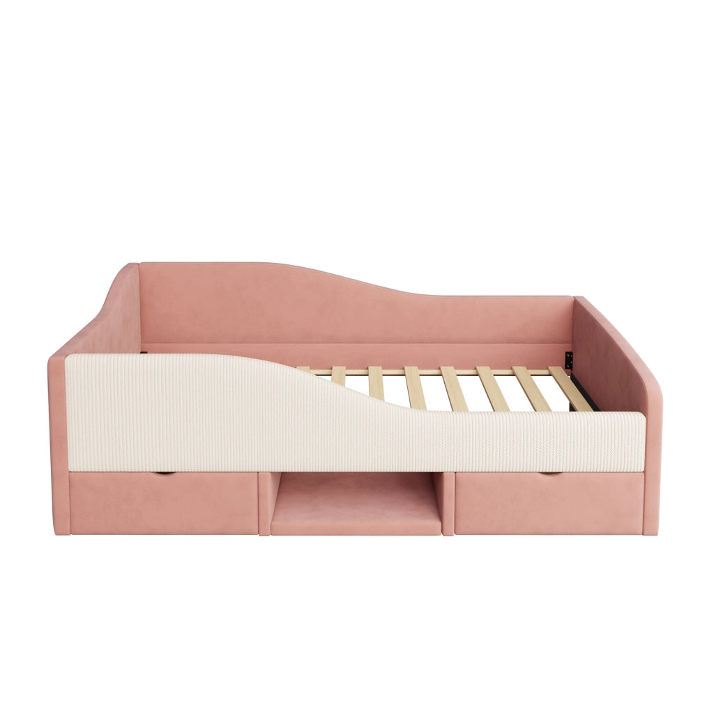 Letto imbottito per bambini 90x190 cm in velluto rosa e bianco; con sponde e contenitore