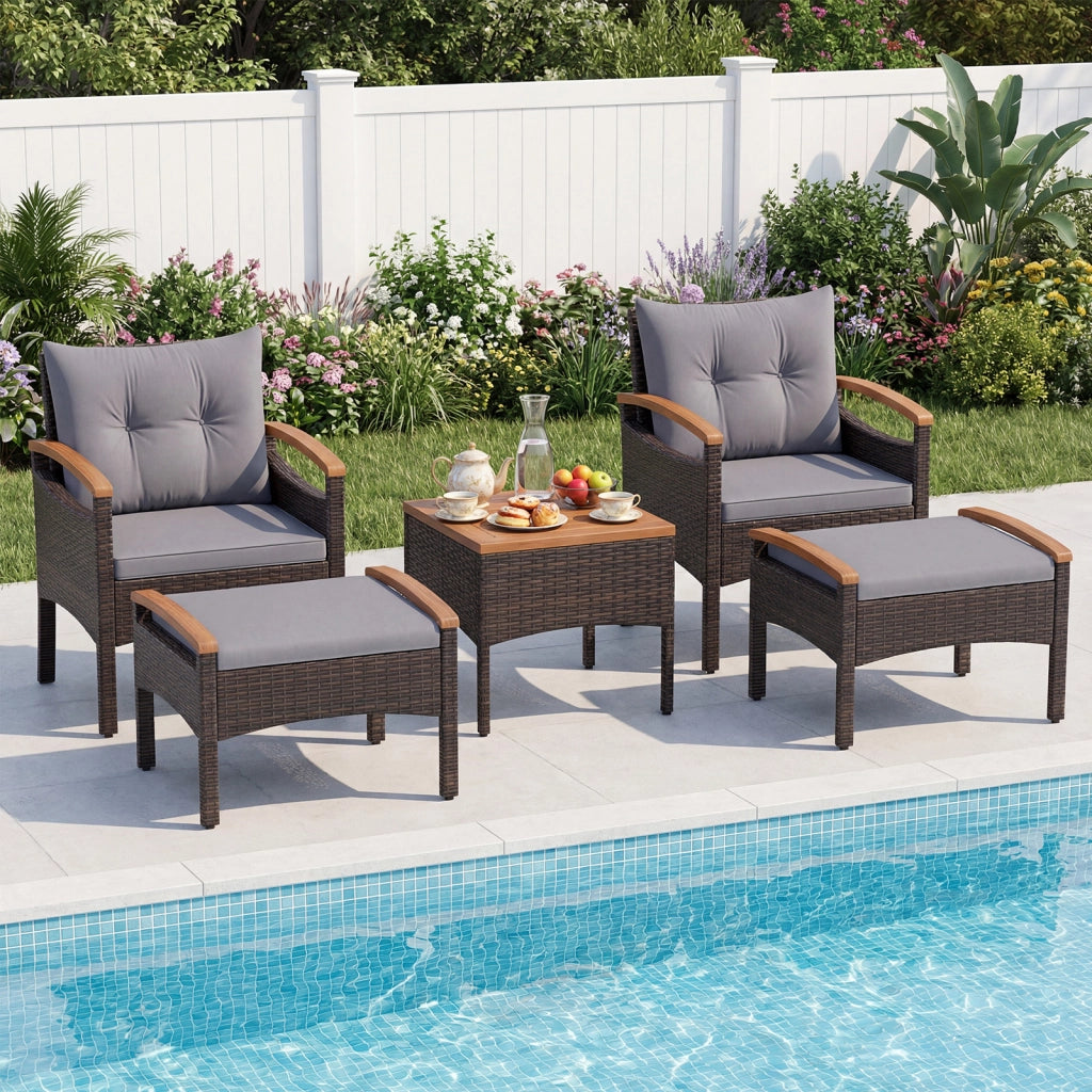 Set di divani in rattan da 5 pezzi con cuscini per sedili schienale, Set in vimini da giardino per cortile Grigio