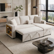 Divano letto angolare beige con USB, contenitore e 3 cuscini