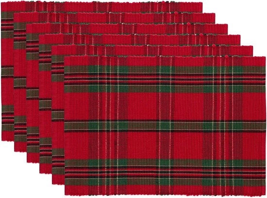Plaid per tavolo e cucina di stile rurale per Natale, set di placemat per vacanze, 13x19, rosso e verde, 6 pezzi