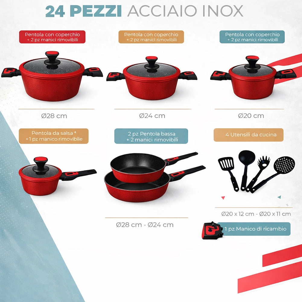 Set 24 Pezzi Batteria di Pentole Manici Removibili Rubino Suprem in Alluminio Pressofuso Rosso