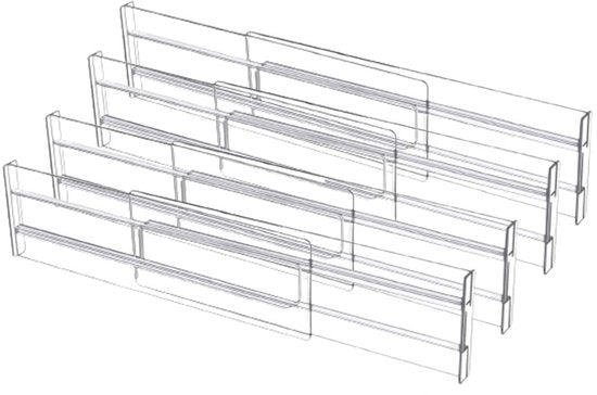 Organizzatore di carico - 4 pezzi - Organizzatore di carico - Organizzatore di spazio - Attrezzatura - Flessibile/estensibile (27,5-52 cm) - Per abbigliamento/cucina/bagno/armadio - Translucido - Plastica