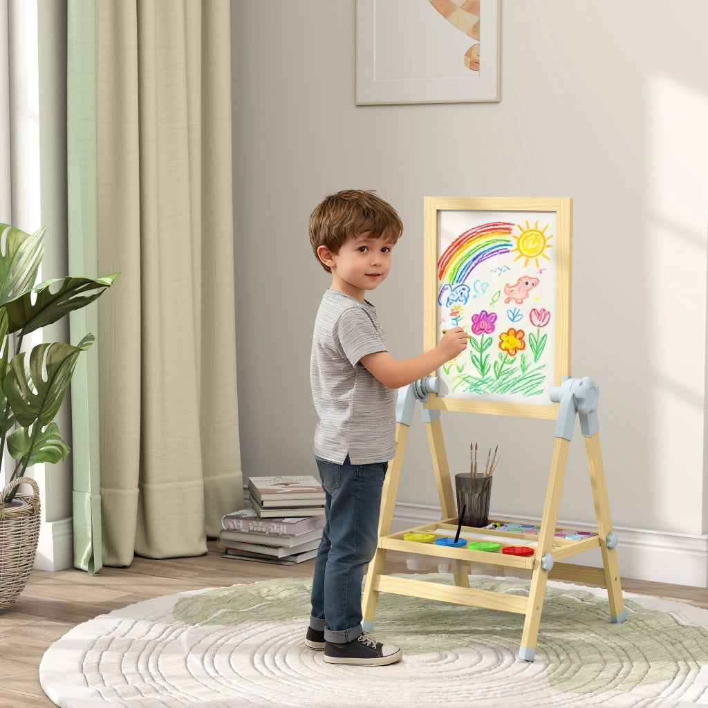 Cavalletto per Bambini Doppia Lavagna per Gesso e Pennarelli. Lavagnetta Magnetica e Rotolo di Carta. Legno
