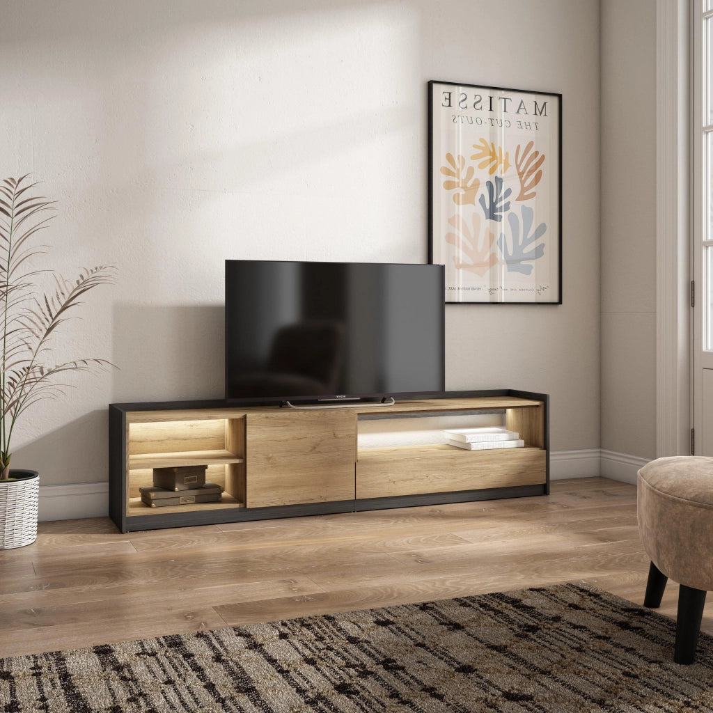 Mobile TV Soggiorno, 207x50x37 cm, Per TV fino a 80", LED, Rovere e nero