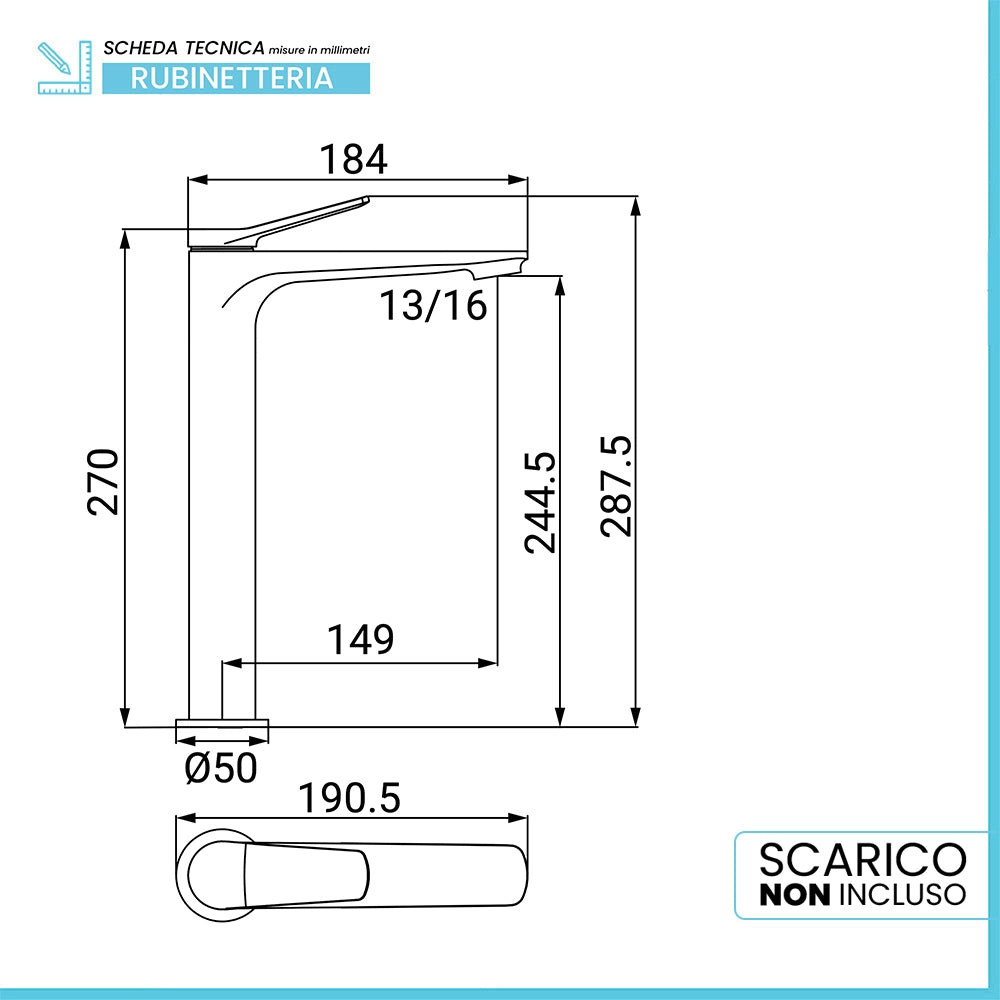 Set rubinetti lavabo alto e bidet in ottone cromo con piletta click clack linea Sound
