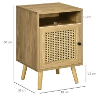 Comodino per Camera da Letto Stile Boho con Armadietto e Ripiano Aperto in Legno e Rattan, 39x35x60 cm