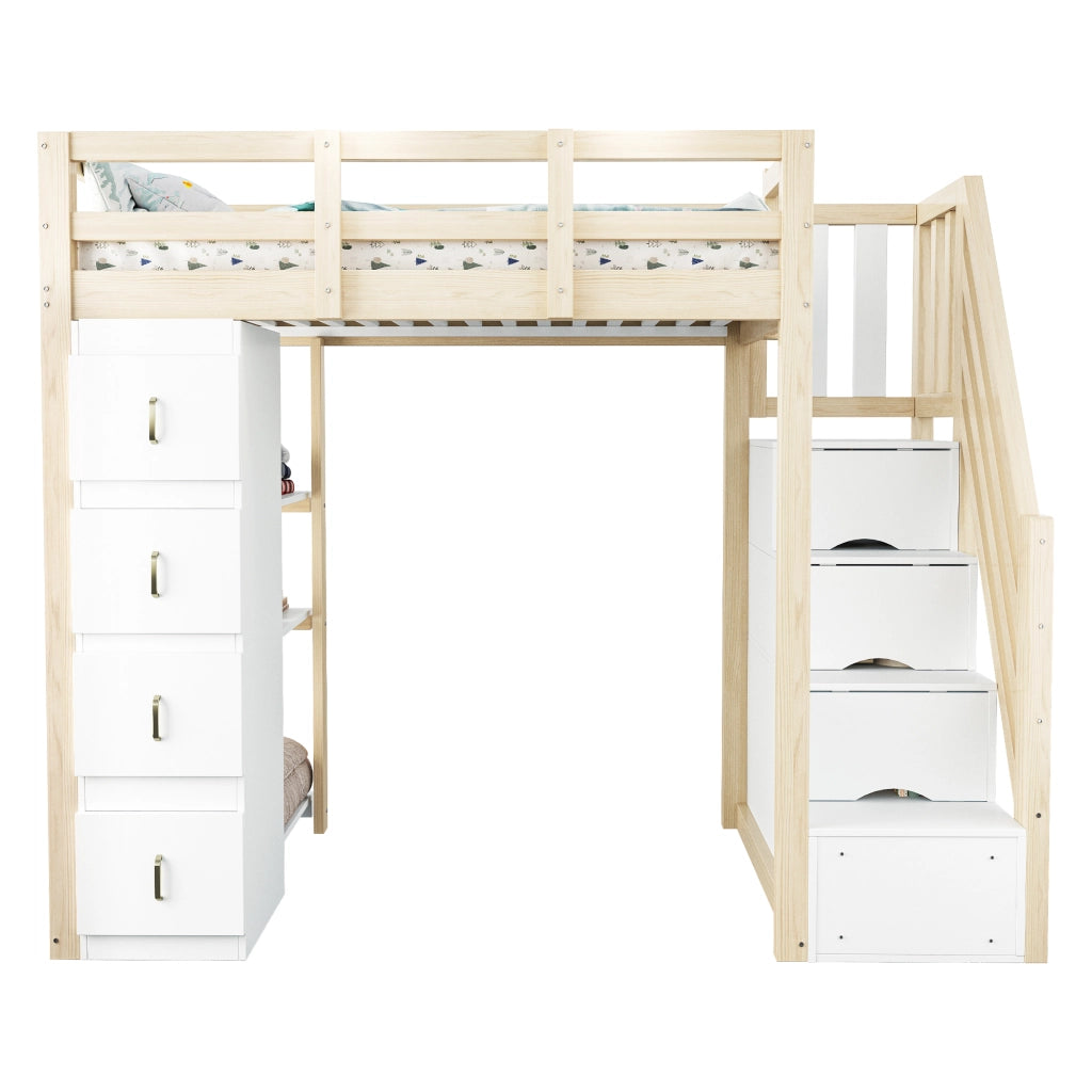 LETTO A CASTELLO 90x200 cm in legno naturale con 4 cassetti e scaffale