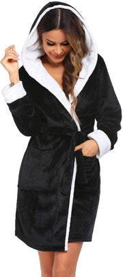 Abbigliamento da Casa Fleece per Donna con Capuchino, Cappuccio e Maniche Corte, Foderato, in Felpa, per Sauna e Spa, Nero
