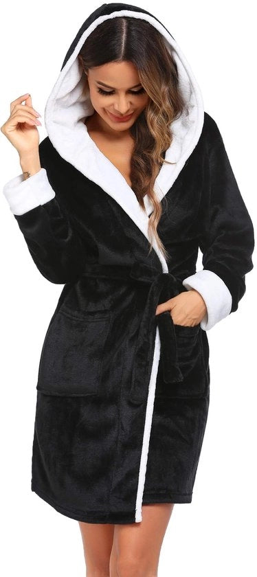 Abbigliamento da Casa Fleece per Donna con Capuchino, Cappuccio e Maniche Corte, Foderato, in Felpa, per Sauna e Spa, Nero