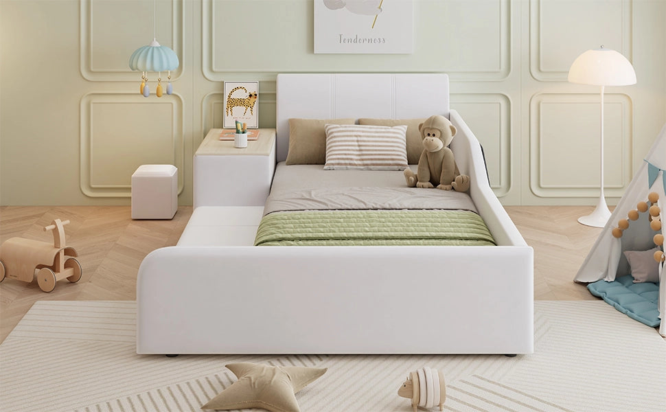 DESMIU Letto per bambini 90 × 200 cm con scrivania, sgabello e ripiano, senza materasso, in velluto, bianco