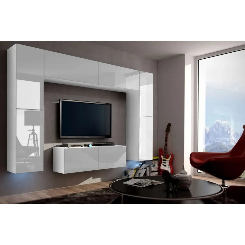 Set di mobili da soggiorno bianchi sospesi collezione CEPTO III 256cm, 8 porte, 8 scaffali, led, modulari.