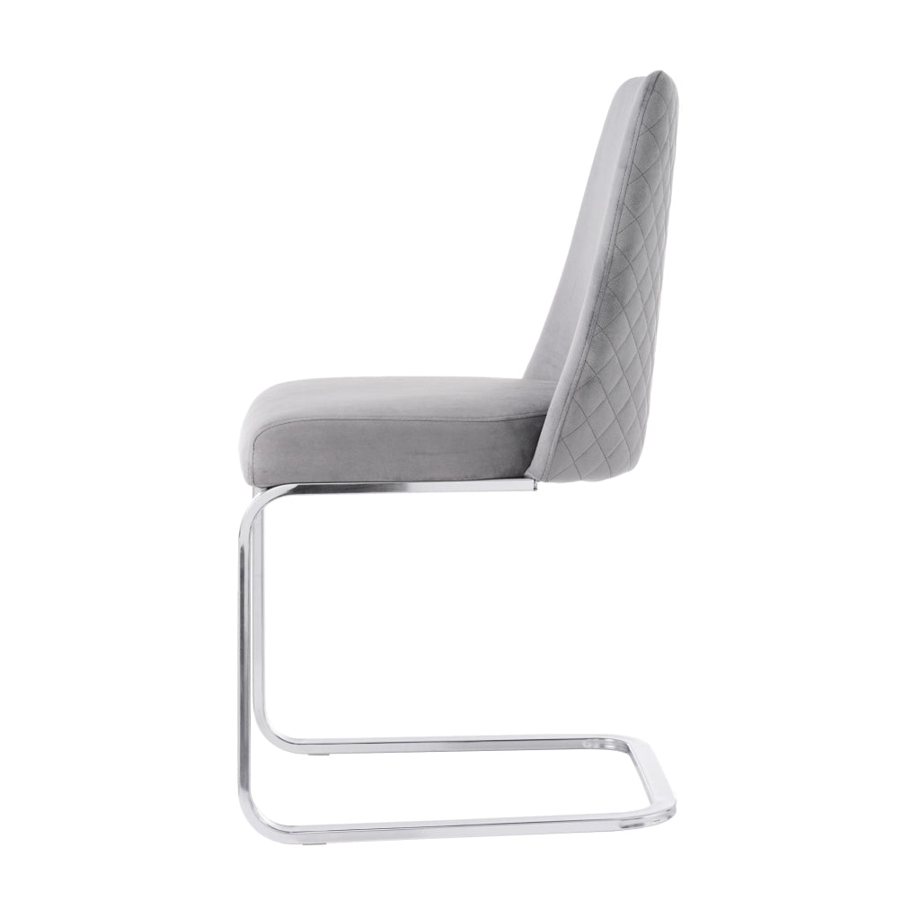 Set di 4 sedie da pranzo in velluto grigio con schienale a rombi e gambe argento