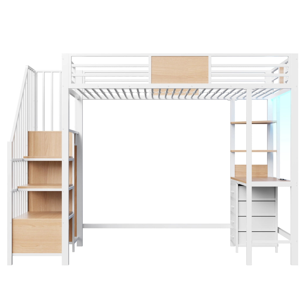 Letto a soppalco 90x200 cm con scrivania; LED e presa in metallo bianco