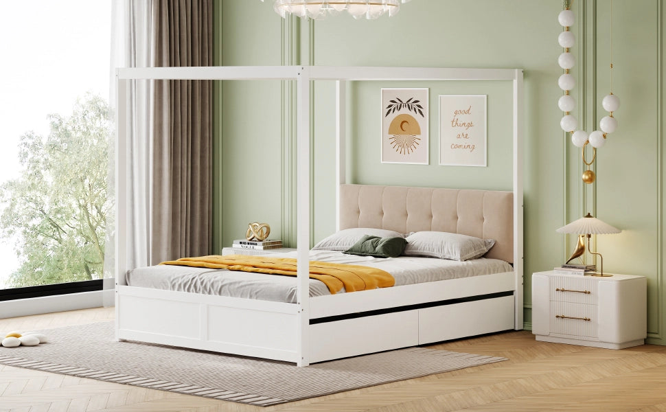 DESMIU Letto a capanna letto matrimoniale con 2 cassetti e testiera imbottita 140 × 200 cm senza materasso