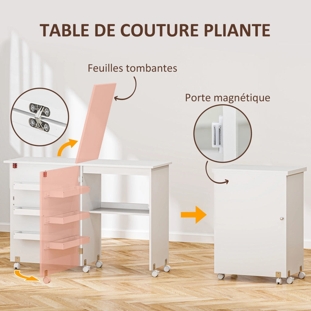 Tavolo da cucito pieghevole con ripiani e ruote ¨C zephmum ¨C bianco 90x60x75