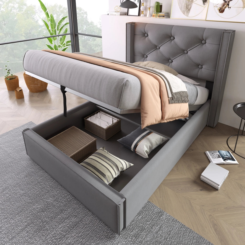 Letto Singolo Contenitore 90x200 Grigio in Tessuto con Sollevamento Idraulico e Rete a Doghe