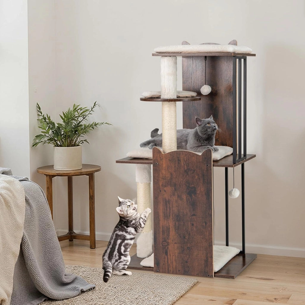 Albero per Gatti Alto 112 cm, Tiragraffi per Gatti in Legno con Posti a Grattare in Sisal, Palline Appese, Cuscini Morbidi Rimovibili e Lavabili, Tiragraffi Gatto per Arrampicata