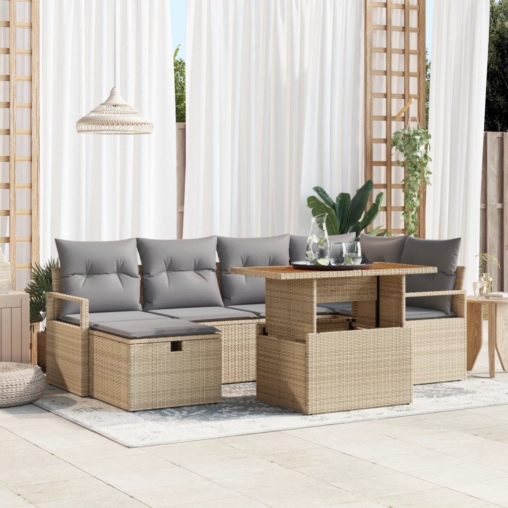 Set Divano da Giardino  7 Pezzi con Cuscini Beige in Rattan Polipropilene