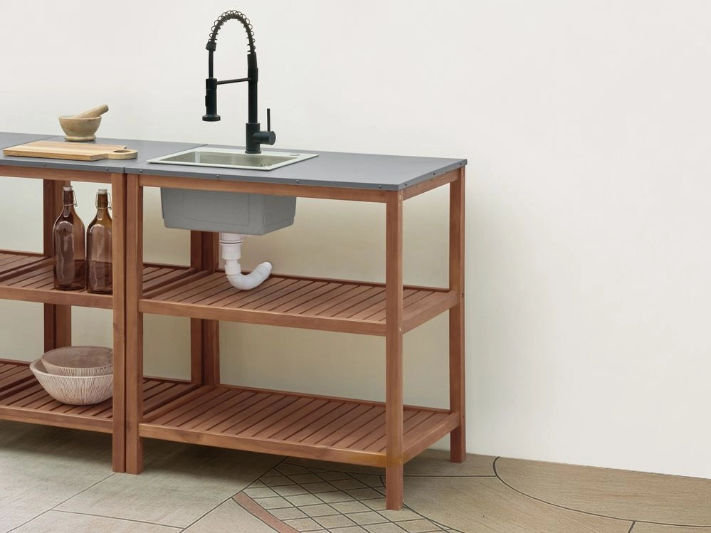 Isola da giardino in legno di acacia marrone e nero 2 ripiani 80 x 50 x 83 cm Piano in acciaio Giardino Cucina Pranzo