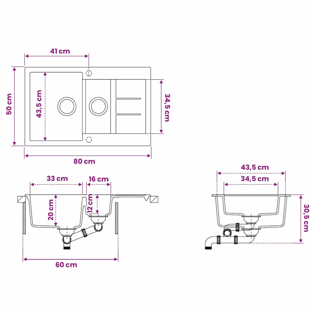 Lavello da cucina a doppia vasca Granito 80 x 50 x 30,5 cm 42053746