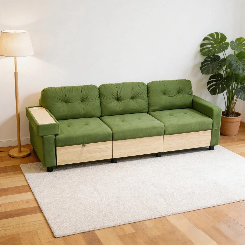 Divano Angolare 3 Posti con Penisola Estraibile ¨C MINIMAL ¨C Velluto Verde, Contenitore, Braccioli in Legno