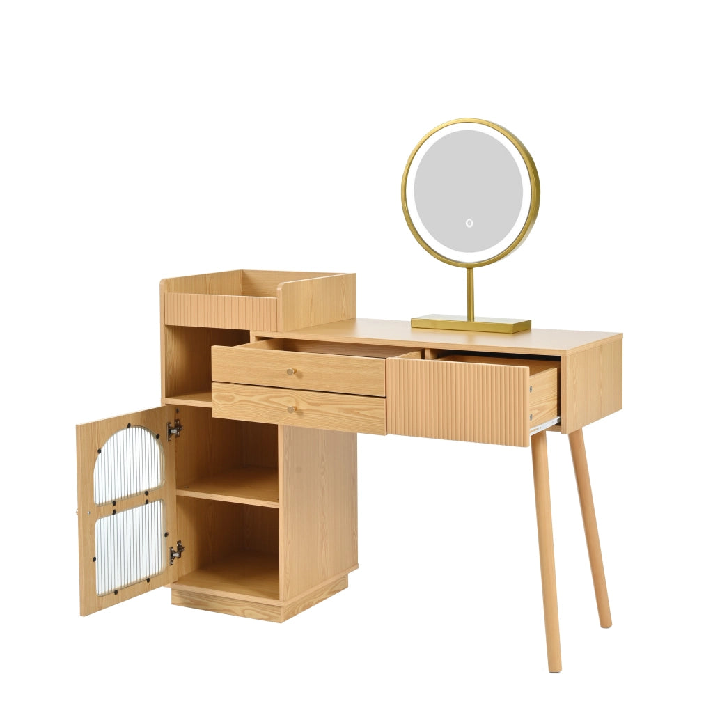 Set toeletta con specchio LED a 3 colori, 3 cassetti e mobile laterale, colore naturale