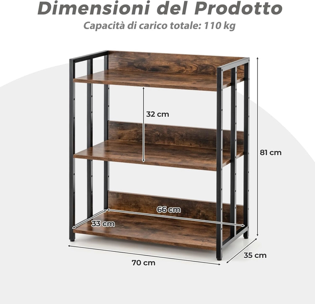 Scaffale a 3 Ripiani, Libreria Angolare Industriale con Ripiani Regolabili e Struttura Metallica, Scaffale da Terra con Dispositivo Antiribaltamento, 70x35x81 cm (Marrone)