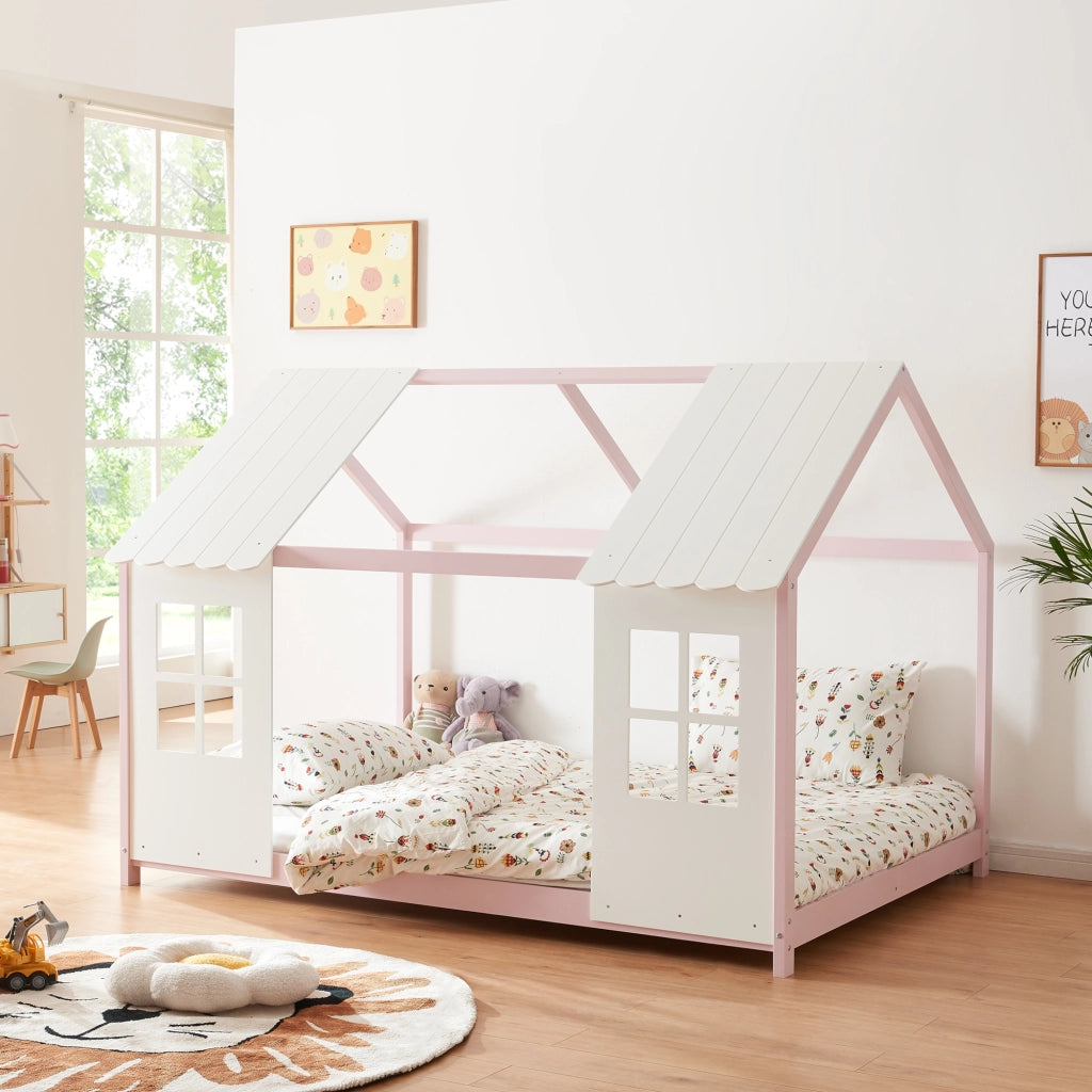 Letto Tostedt per Cameretta a Forma di Casetta Semiaperta 120 x 200 cm Rosa / Bianco [en.casa]