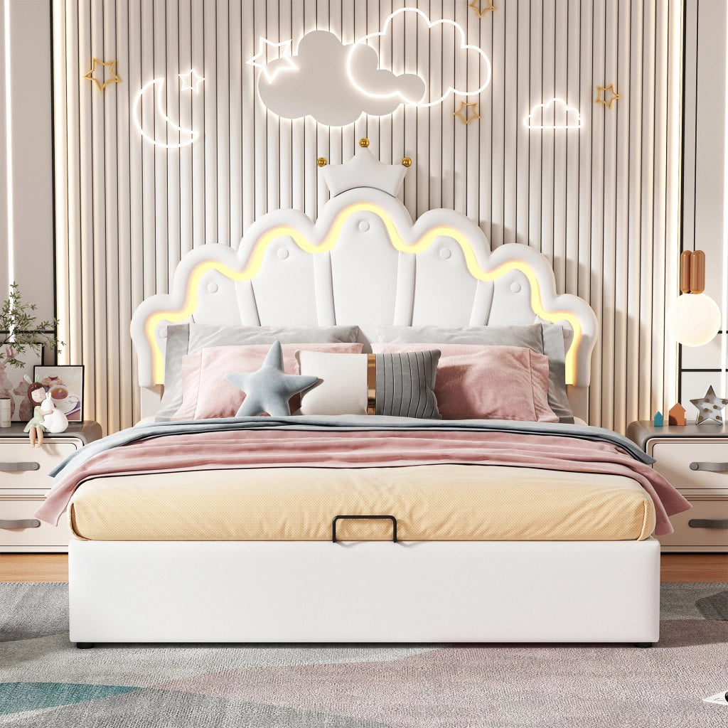 LETTO Contenitore 140x200 cm Bianco in PU con luci LED