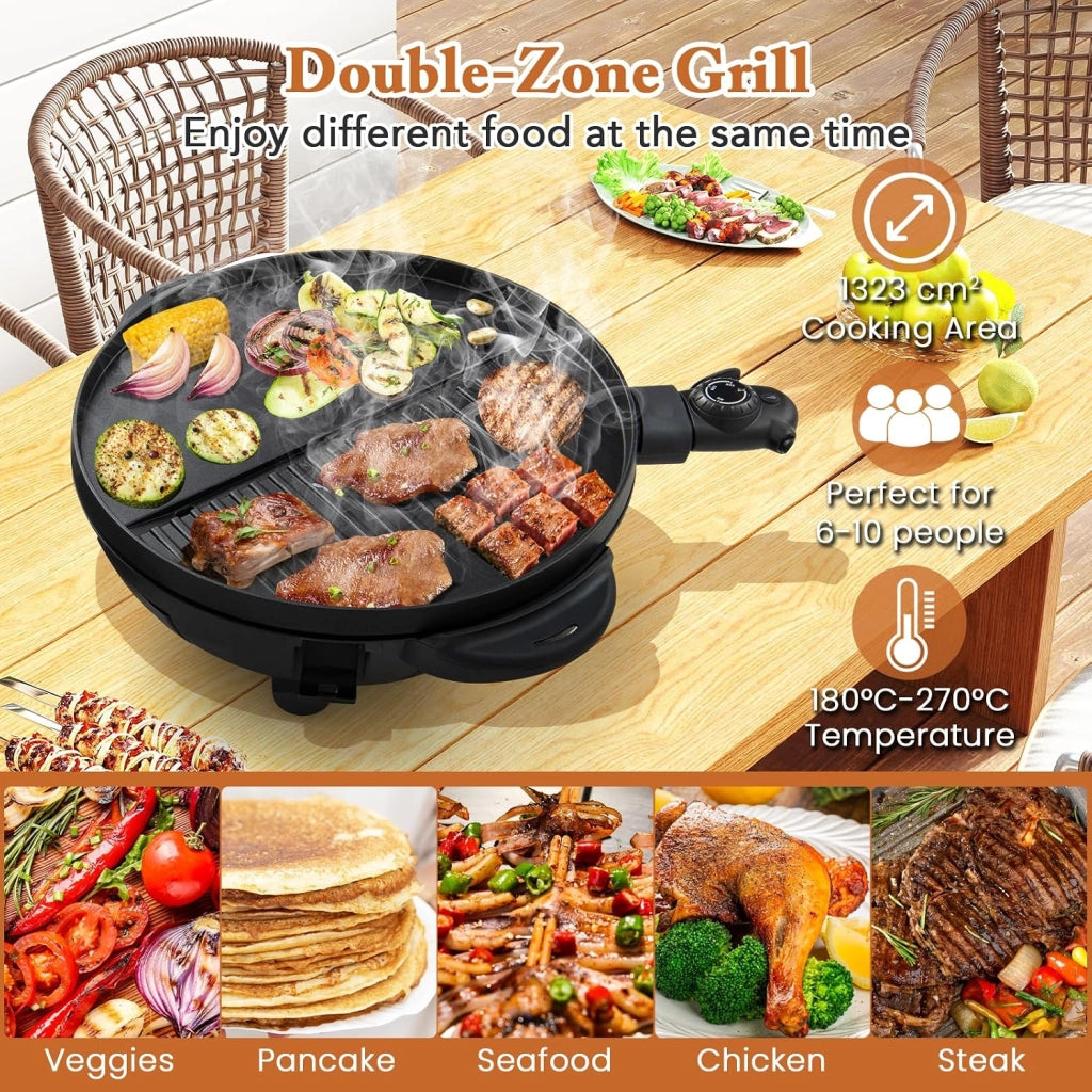 Barbecue elettrico con 2 zone di cottura, grill elettrico 1200 W, con portaspezie e termometro, piastra elettrica, controllo della temperatura, interno ed esterno