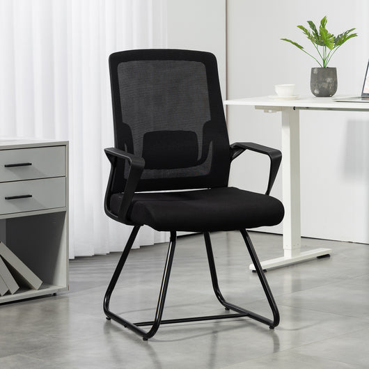 Sedia da Ufficio 57x56x97 cm Senza Ruote Ergonomica con Braccioli Struttura in Acciaio Nero