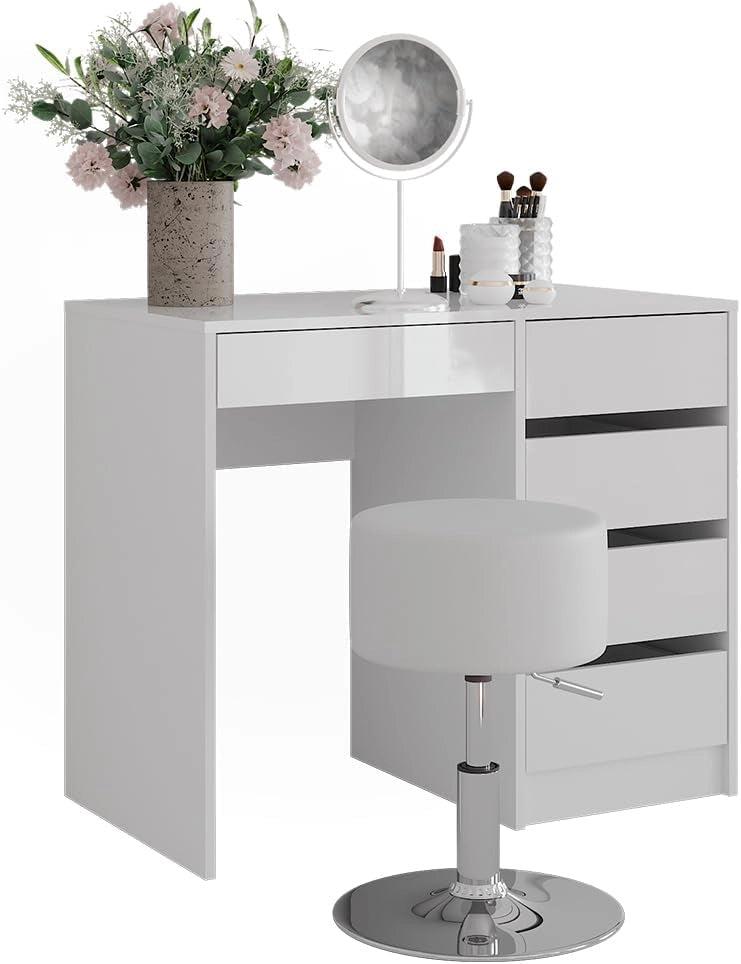 Tavolo da toeletta Sherry, Bianco/bianco lucido, 89.8 cm con sgabello