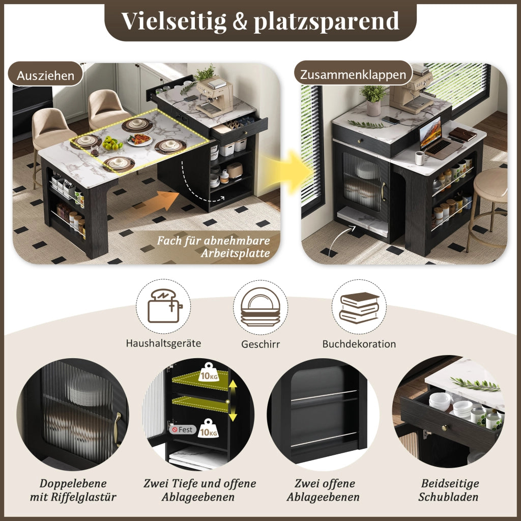 Tavolo da pranzo - isola cucina su ruote - piano estraibile - bar con prese - nero - per cucina e sala