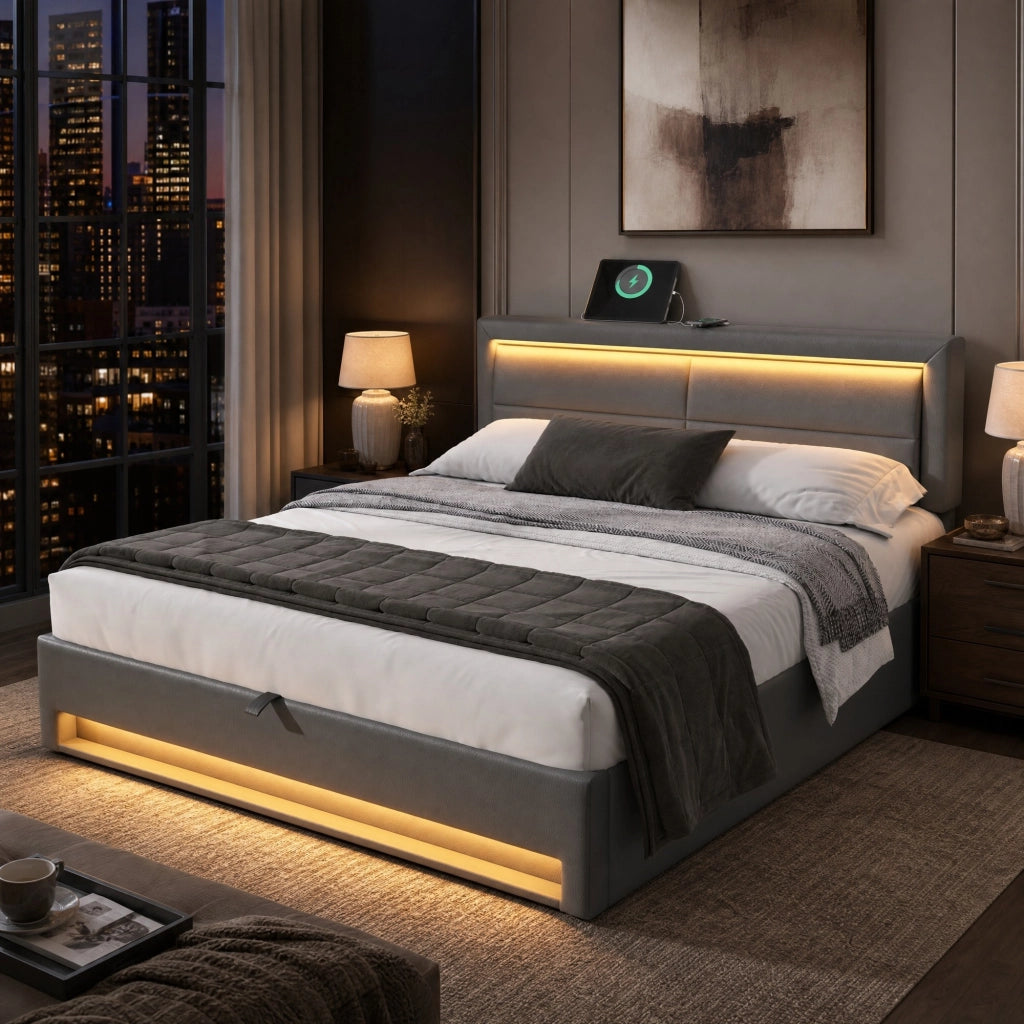 Letto imbottito 140x190 cm con USB; ricarica wireless; LED e contenitore; PU grigio