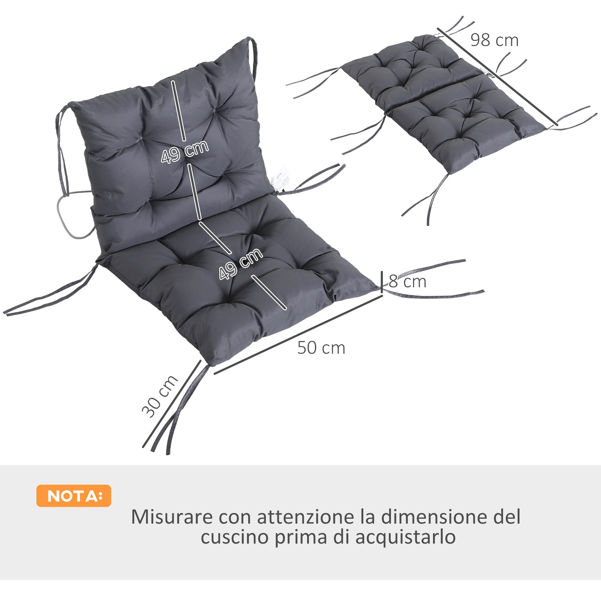 Set 2 Cuscini 50x98x8 cm per Sedie da Esterno in Poliestere e Cotone con Lacci Grigio