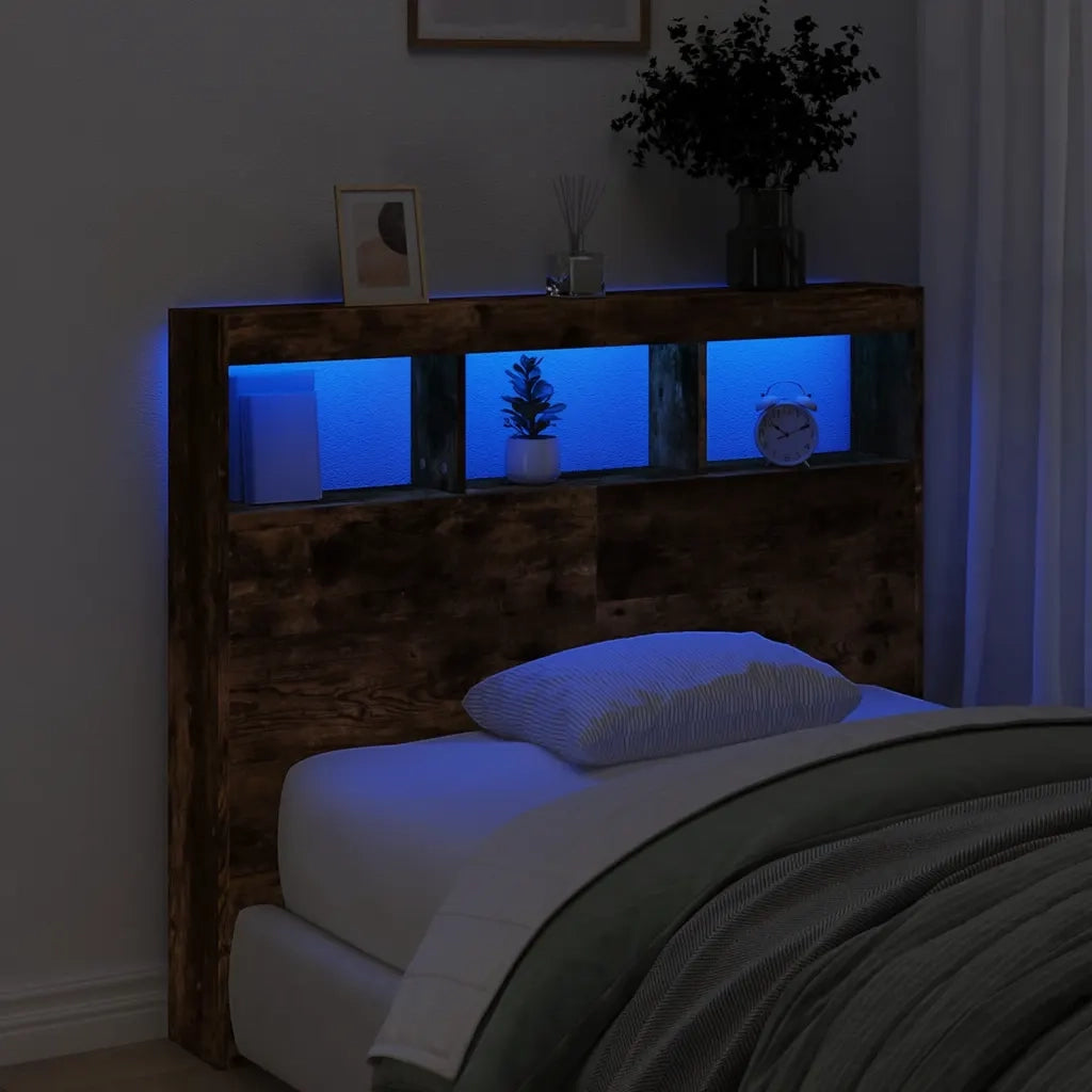 Testiera con Contenitore a LED Rovere Fumo 120x17x102 cm 839193