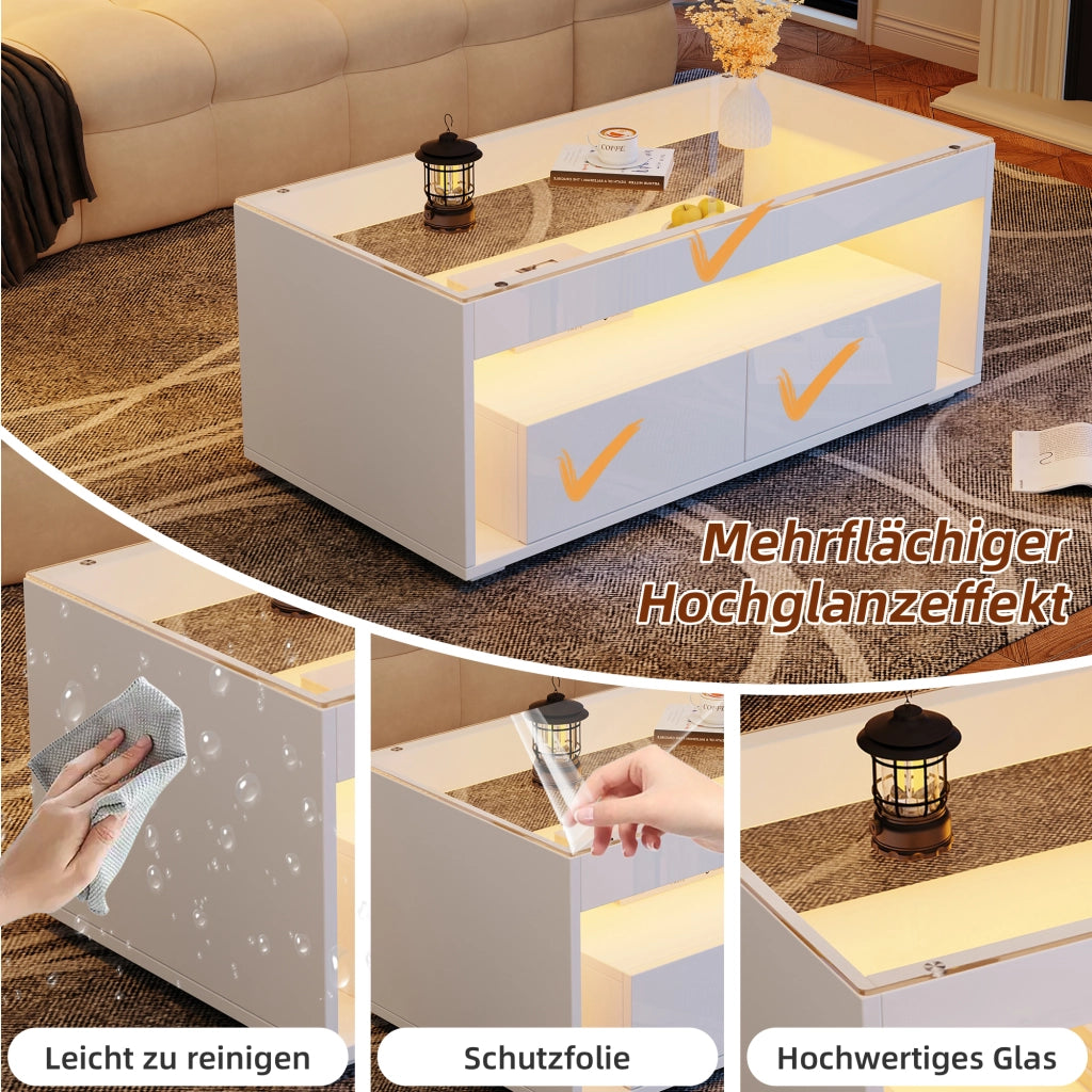 Tavolino basso moderno con LED, 2 cassetti e piano in vetro temperato, finitura bianca lucida, 100 × 50 × 40 cm