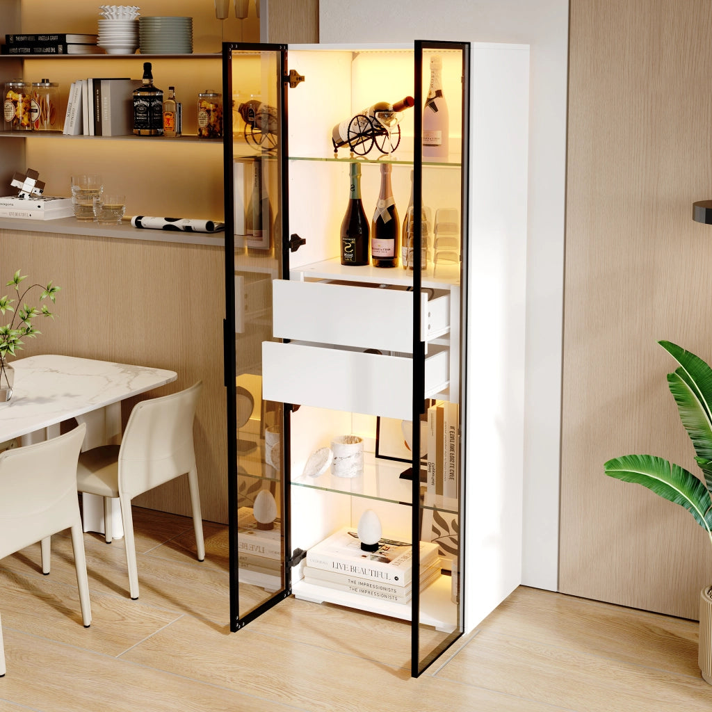 Vetrina con LED, 1 anta in vetro temprato e 2 cassetti, ripiani regolabili, in MDF e vetro, bianco, 60 × 40 × 160 cm